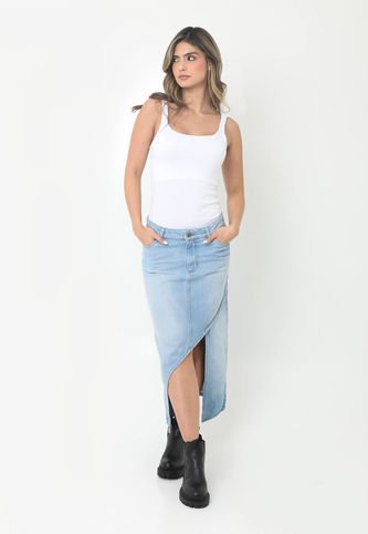 Falda Larga Azul Con Abertura Diagonal Para Mujer Belife Belife