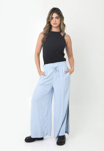 Pantalón Azul Con Bolsillos Frontales Y Aberturas Laterales En Bota Para Mujer Belife