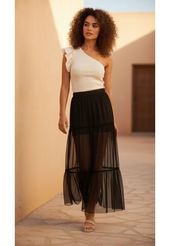 Falda Negra En Tela Malla Para Mujer Belife