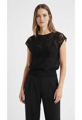 Camiseta Manga Sisa Negra En Encaje Para Mujer