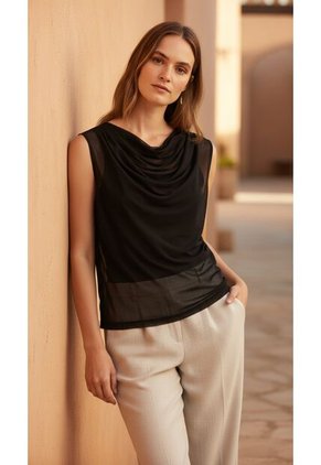 Blusa Manga Sisa Negra Con Escote Drapeado Para Mujer