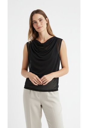 Blusa Manga Sisa Negra Con Escote Drapeado Para Mujer