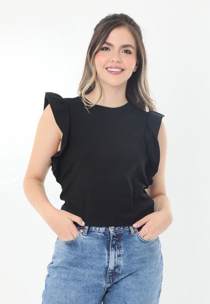 Camiseta Negra Manga Sisa Con Bolero Recogido Para Mujer Belife