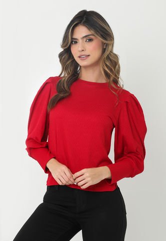 Camiseta Roja Con Volumen En Manga Larga Para Mujer Belife Belife