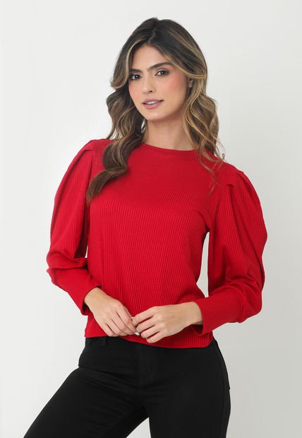 Camiseta Roja Con Volumen En Manga Larga Para Mujer Belife