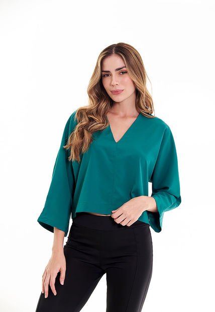 Blusa Manga Larga Verde Escote En V  Para Mujer Belife