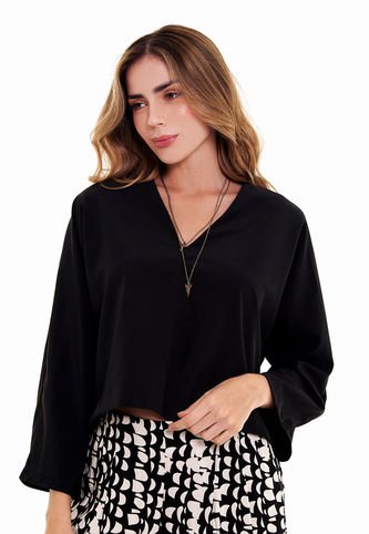 Blusa Manga Larga Negro Escote En V  Para Mujer Belife.- Belife