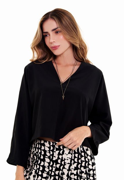 Blusa Manga Larga Negro Escote En V  Para Mujer Belife