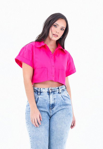 Blusa Manga Corta Fucsia Con Doblez, Cuello Camisero Para Mujer Belife