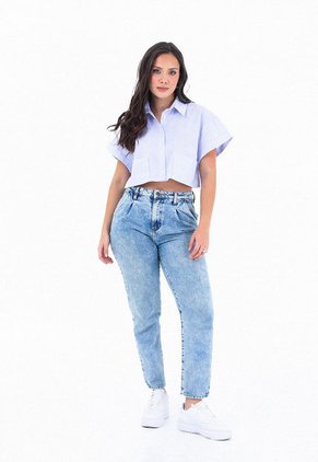 Blusa Manga Corta Azul Con Doblez, Cuello Camisero Para Mujer Belife