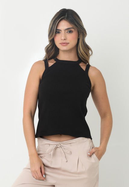 Camiseta Negra Manga Sisa Con Cargaderas Dobles Para Mujer Belife
