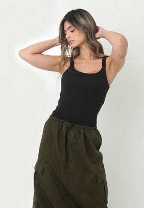 Blusa Negra Manga Sisa Con Cargaderas Resortadas Para Mujer Belife