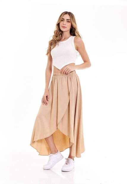 Falda Larga Café Con Cintura Resortada Para Mujer
