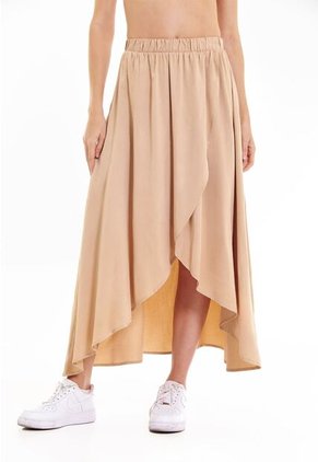 Falda Larga Café Con Cintura Resortada Para Mujer
