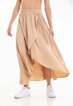 Falda Larga Café Con Cintura Resortada Para Mujer