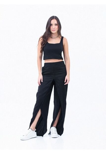 Pantalón Amplio Negro Con Aberturas En Botas Para Mujer