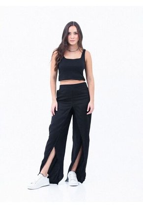 Pantalón Amplio Negro Con Aberturas En Botas Para Mujer