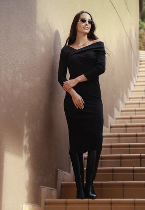 Vestido Negro Manga 3/4 Para Mujer