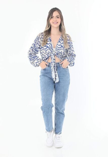 Blusa Azul Rey Con Escote Frontal Sesgado Y Manga Larga Con Puño Resortado Para Mujer