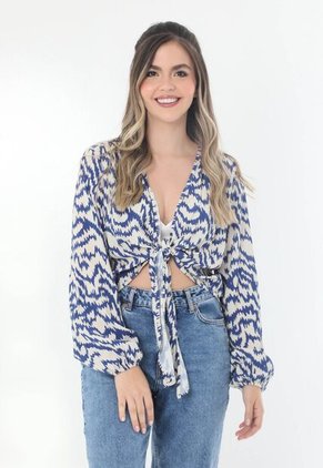 Blusa Azul Rey Con Escote Frontal Sesgado Y Manga Larga Con Puño Resortado Para Mujer
