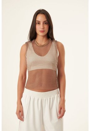 Camiseta Manga Sisa Color Café En Tela Malla Para Mujer