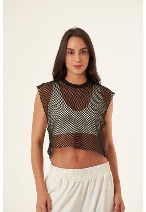 Camiseta Manga Sisa Negra En Tela Malla Para Mujer