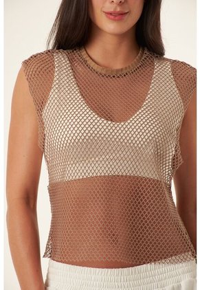 Camiseta Manga Sisa Color Café En Tela Malla Para Mujer