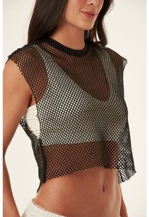 Camiseta Manga Sisa Negra En Tela Malla Para Mujer