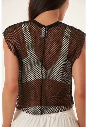 Camiseta Manga Sisa Negra En Tela Malla Para Mujer