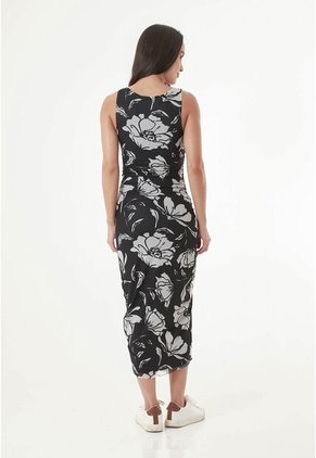 Vestido Largo Negro Con Malla Sublimada Para Mujer