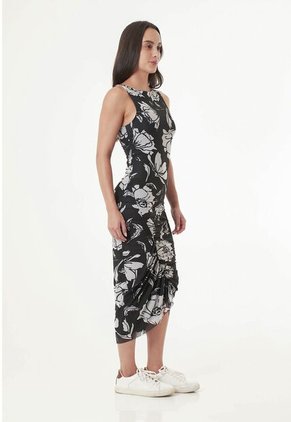 Vestido Largo Negro Con Malla Sublimada Para Mujer