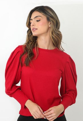 Camiseta Roja Con Volumen En Manga Larga Para Mujer Belife