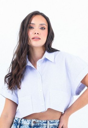 Blusa Manga Corta Azul Con Doblez, Cuello Camisero Para Mujer Belife