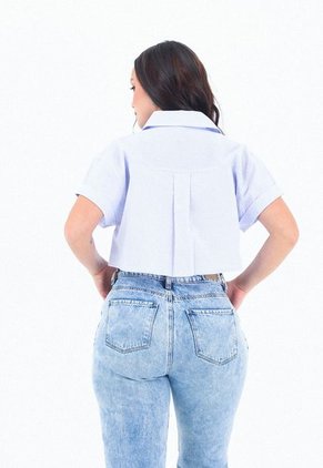 Blusa Manga Corta Azul Con Doblez, Cuello Camisero Para Mujer Belife