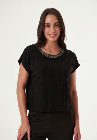 Camiseta Cuello Tejido Negra Para Mujer Belife