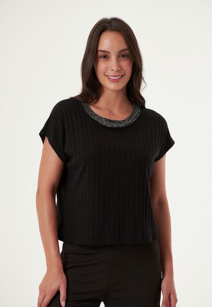 Camiseta Cuello Tejido Negra Para Mujer