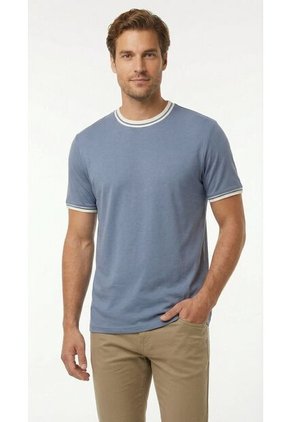 Camiseta Azul Manga Corta Hombre Con Cuello Y Puños Blancos