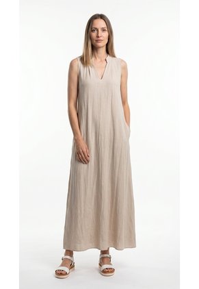 Vestido Largo Arena Con Cuello Nerú Para Mujer