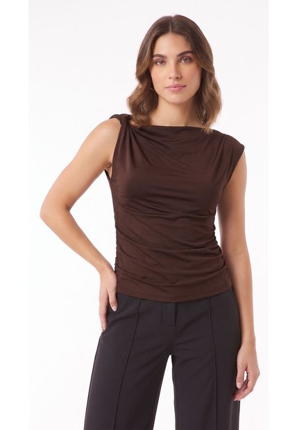 Blusa Café Manga Sisa Con Escote Drapeado Para Mujer