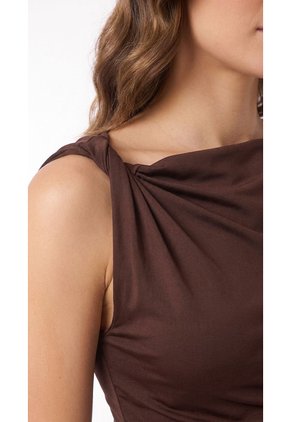 Blusa Café Manga Sisa Con Escote Drapeado Para Mujer