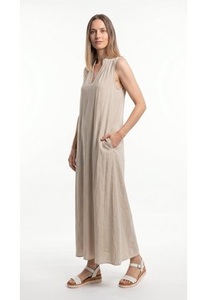Vestido Largo Arena Con Cuello Nerú Para Mujer