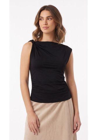 Blusa Negra Manga Sisa Con Escote Drapeado Para Mujer Belife