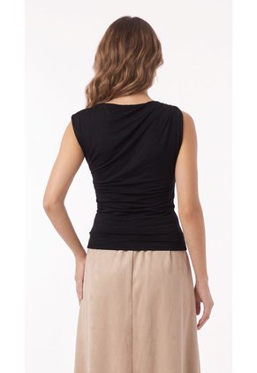 Blusa Negra Manga Sisa Con Escote Drapeado Para Mujer