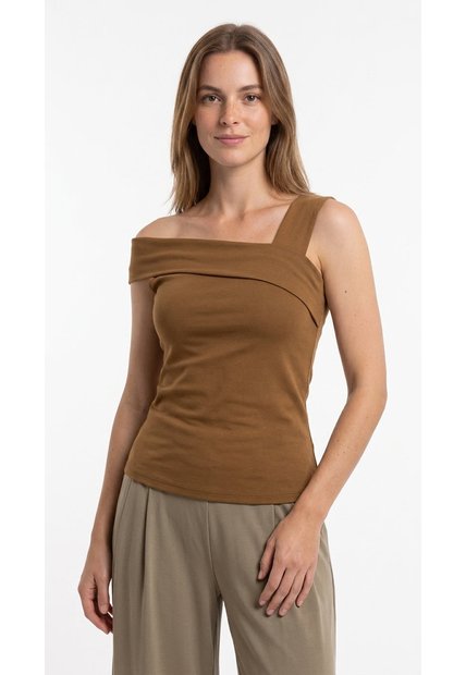 Blusa Tabaco Manga Sisa Con Escote Asimétrico Para Mujer
