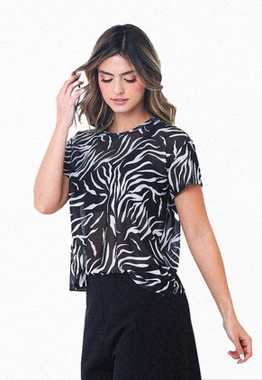 Camiseta Negra Manga Corta En Malla Sublimada Para Mujer Belife