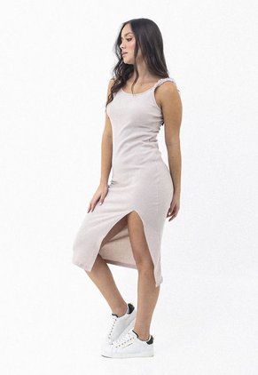 Vestido Midi Café Manga Sisa Y Abertura Frontal Para Mujer Belife