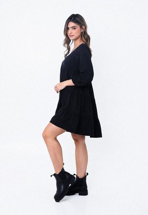 Vestido Negro Con Escote Semi Cuadrado Para Mujer Belife
