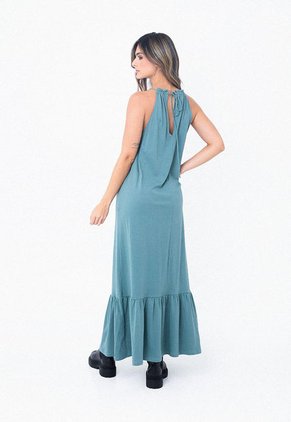 Vestido Largo Verde Con Manga Sisa Sesgada Para Mujer Belife.-