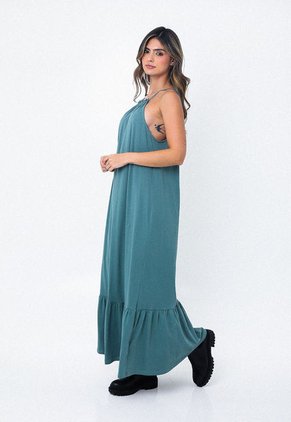 Vestido Largo Verde Con Manga Sisa Sesgada Para Mujer Belife.-
