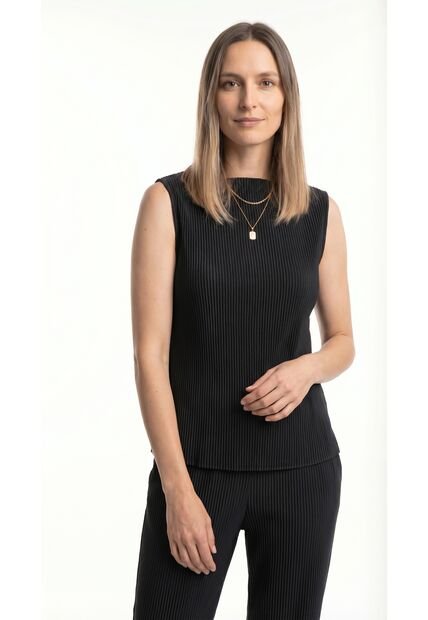 Camiseta Manga Sisa Con Textura Plisada Negra Para Mujer